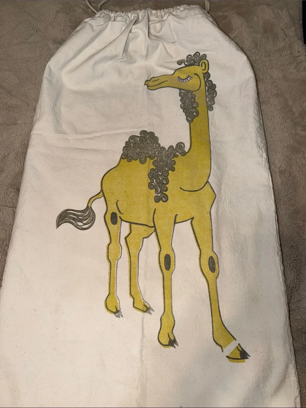Vintage Whimsical Yellow Camel Illustrated Canvas Drawstring Storage Bag 31”x17”